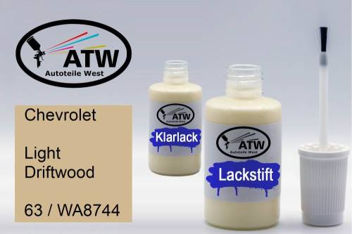 Chevrolet, Light Driftwood, 63 / WA8744: 20ml Lackstift + 20ml Klarlack - Set, von ATW Autoteile West.